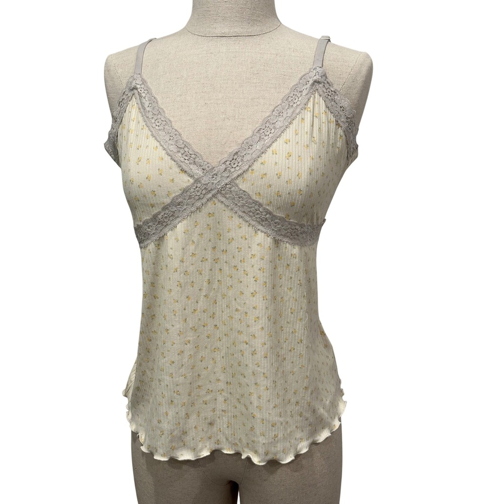 Laura Ashley Womens Large Floral Ribbed Lace Trim Camisole Top Cream Yellow L
